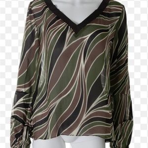 ELIE TAHARI Silk Cream, Olive, Mocha & Brown V-neck Blouse SZ S